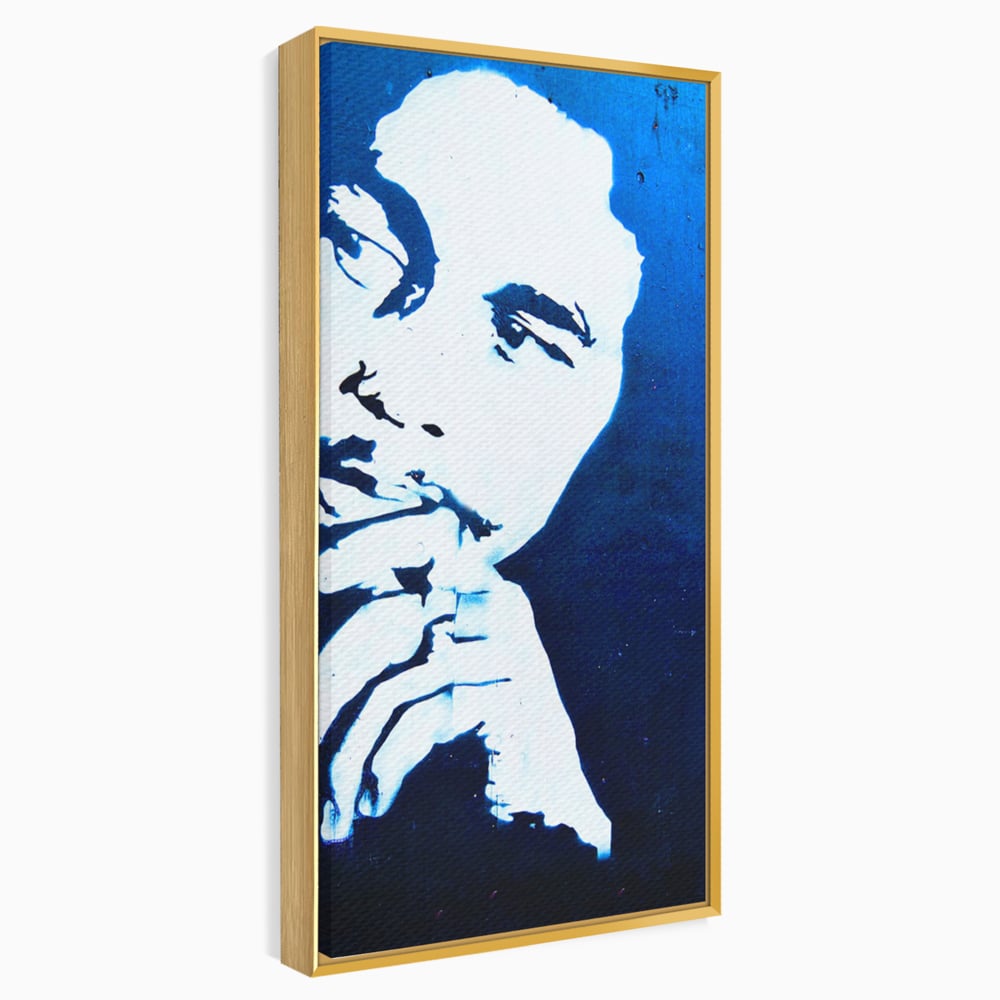 Tablou canvas cu tablou canvas cu portretul stilizat al lui bob marley, in rama de aluminiu auriu